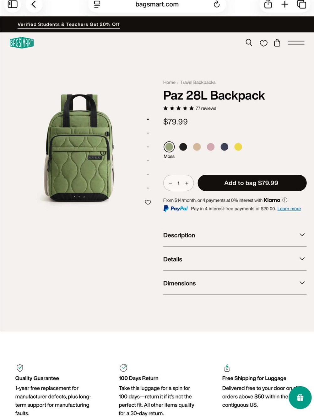 Bagsmart Paz 28L Laptop Backpack — Moss Green